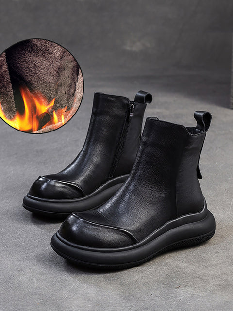 Botas femininas casuais de inverno com zíper de couro de salto médio