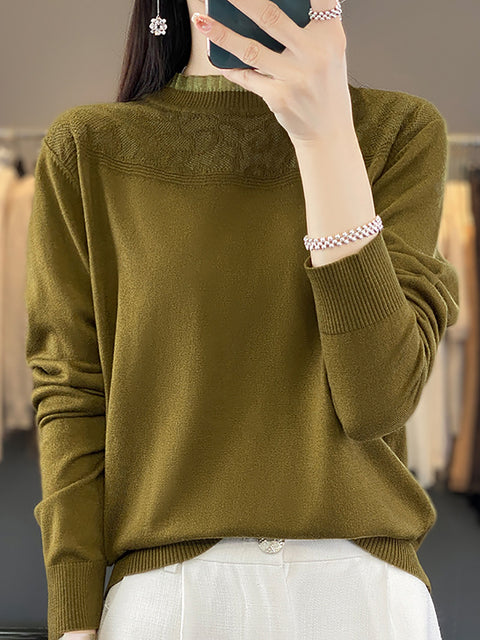 Women Autumn Lacework Neck 100%Wool Loose Sweater