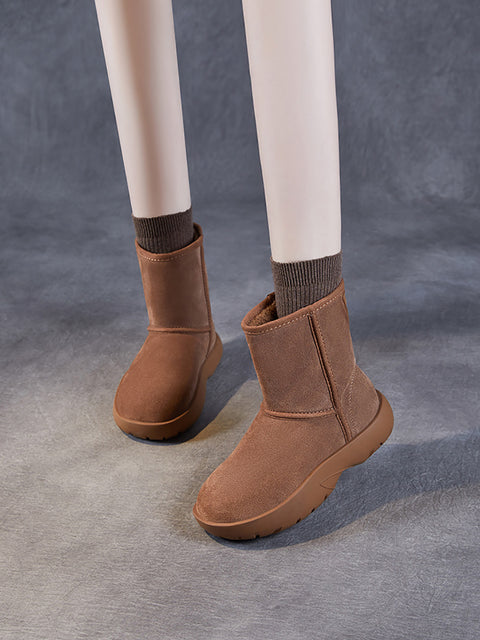 Women Winter Warm Fleece-lined Leather Low Heel Snow Boots