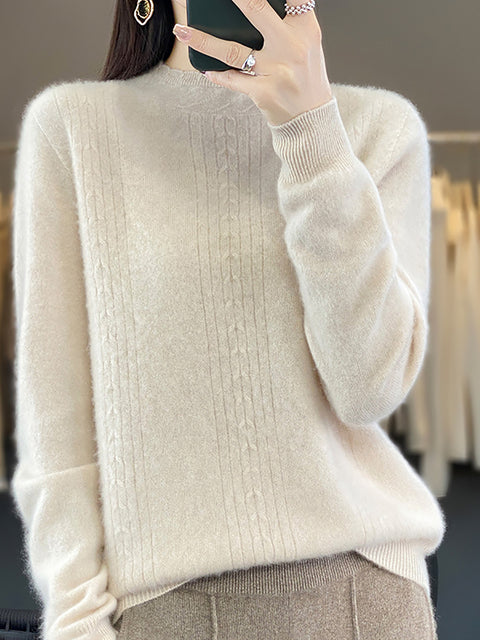 Women Autumn Solid Cable Knit 100%Wool Half Turtleneck Sweater