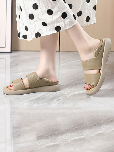 Sapatos femininos de couro sólido de verão Soft Peep-toe planos