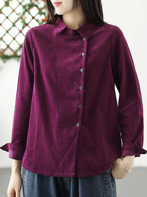 Plus Size Mulheres Outono Sólido Croduroy Cardigan Camisa