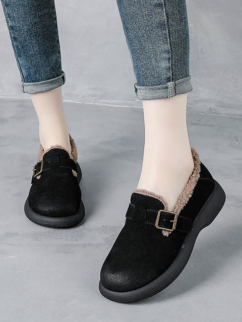 Women Vintage Winter Leather Fleece-lined Mid Heel Shoes