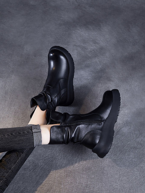 Women Winter Genuine Leather Spliced Low Heel Boots