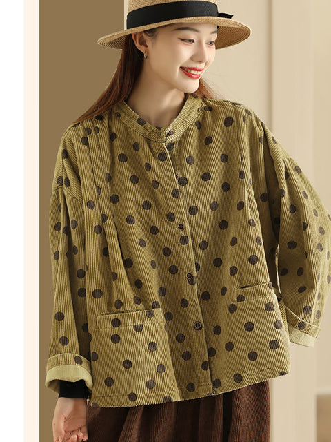 Casaco Plus Size Retro Dot Croduroy Gola Camisa