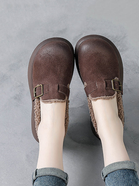 Women Vintage Winter Leather Fleece-lined Mid Heel Shoes