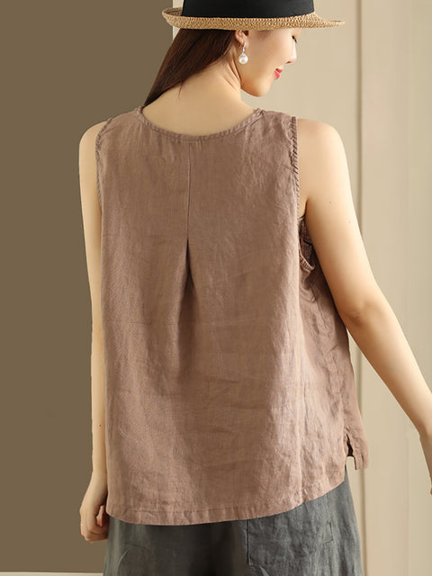 Plus Size Women Summer Solid Loose Button Pocket 100%Linen Vest