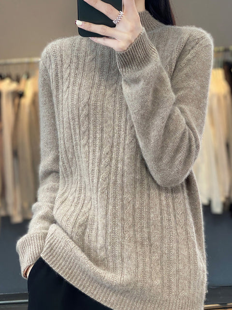 Women Autumn Solid Cable Knit 100%Wool Half Turtleneck Sweater