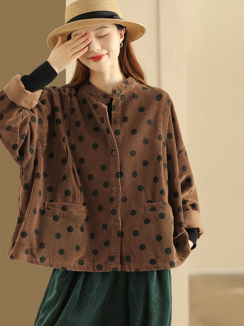 Casaco Plus Size Retro Dot Croduroy Gola Camisa