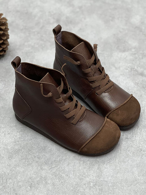 Botas femininas de inverno vintage de couro com cordão e tornozelo