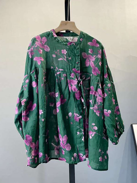 Plus Size Verão Vintage Flor Botão Cordão Ramie Camisa