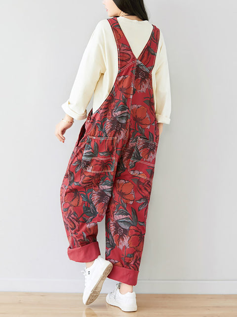 Women Summer Artsy Flower Print Pocket Loose Denim Jumpsuits