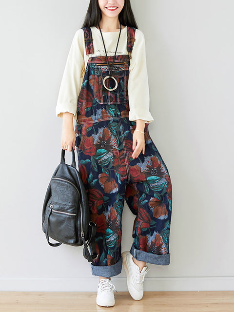 Women Summer Artsy Flower Print Pocket Loose Denim Jumpsuits