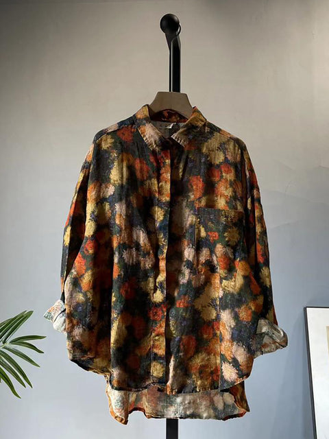 Plus Size Mulheres Verão Vintage Floral Cardigan Linho Camisa