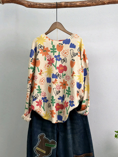 Camisa feminina de malha com estampa de flores fofas de outono