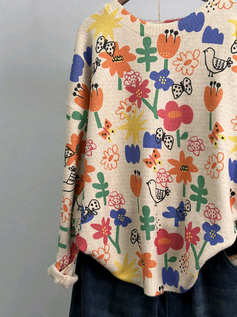 Camisa feminina de malha com estampa de flores fofas de outono