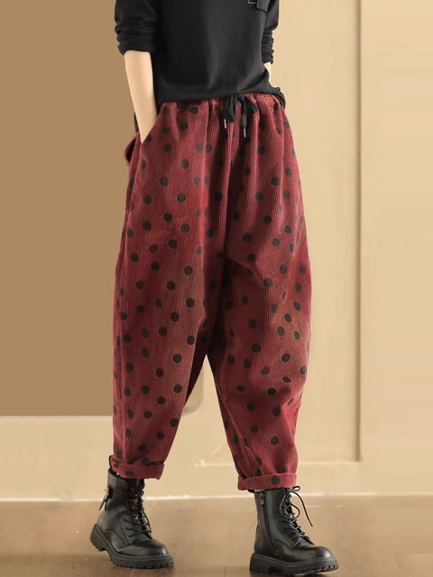 Plus Size Women Vintage Dot Corduroy Harem Pants