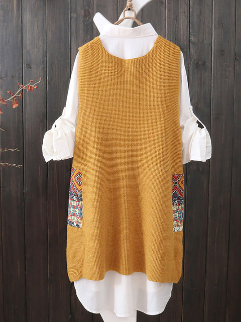 Women Ethnic V-Neck Loose Knitted Vest