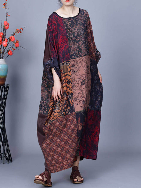 Women Spring Vintage Flower Patch Spliced Loose Dress