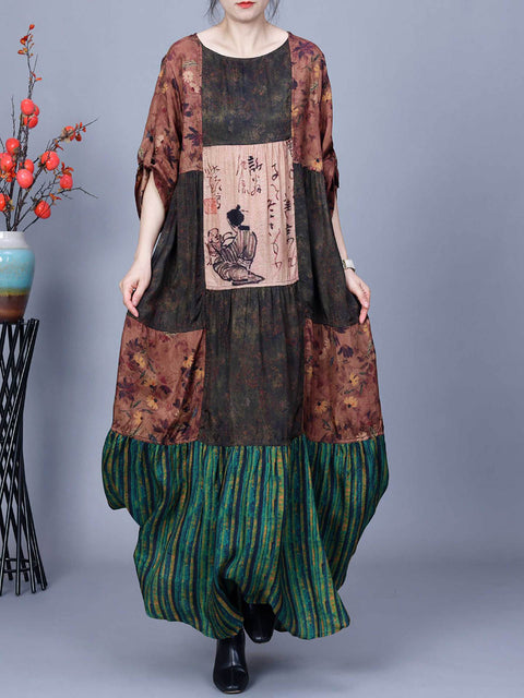 Women Vintage Spring Spliced Loose Dress