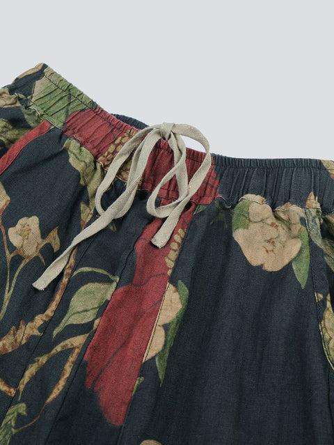 Bloomers femininos com flor artística emendada em linho