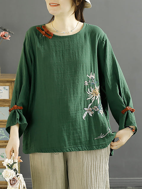 Blusa de algodão bordada com flores de primavera para mulheres