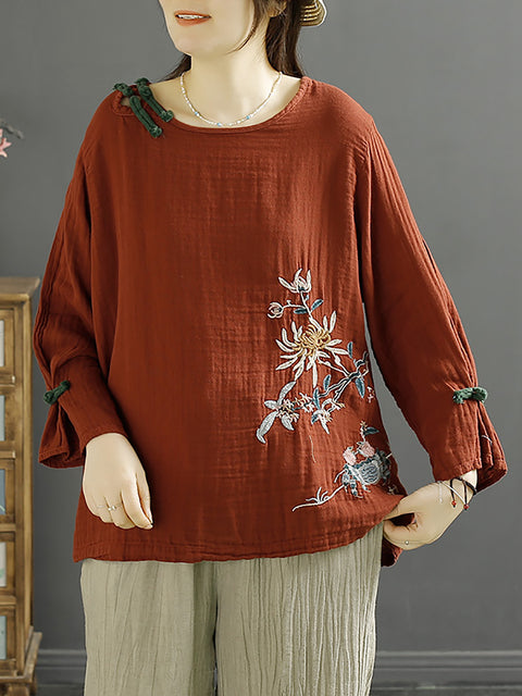 Women Spring Flower Embroidery Cotton Blouse