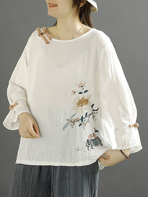 Women Spring Flower Embroidery Cotton Blouse