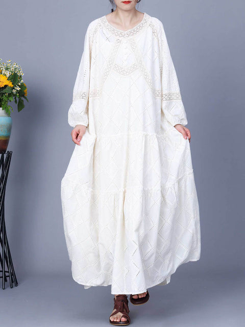 Women Spring Rhomboids Embroidery Loose Cotton Dress+Vest