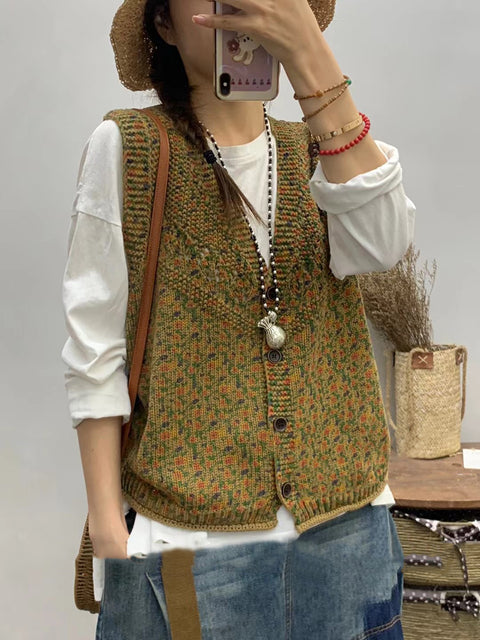 Women Spring Floral Artsy V-Neck Knitted Vest