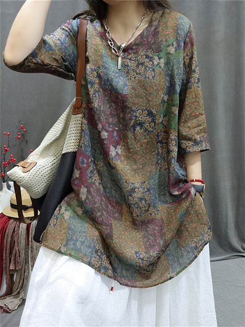 Plus Size Women Summer Retro Spliced V-Neck Loose Long Shirt