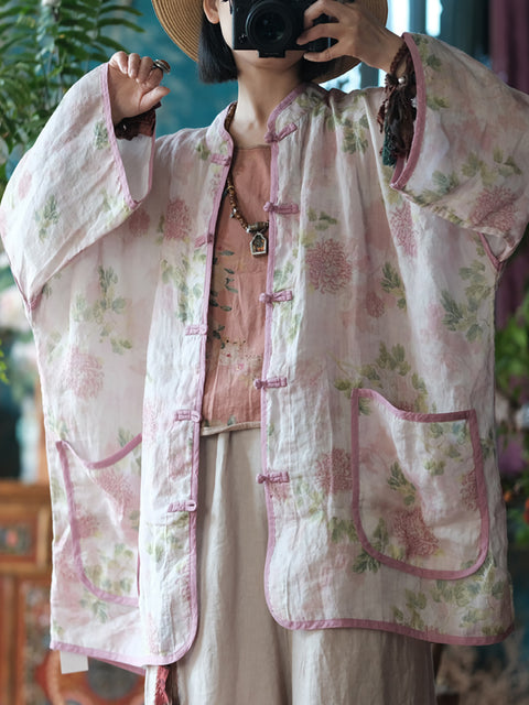 Camisa feminina primavera vintage Ramie floral com botões