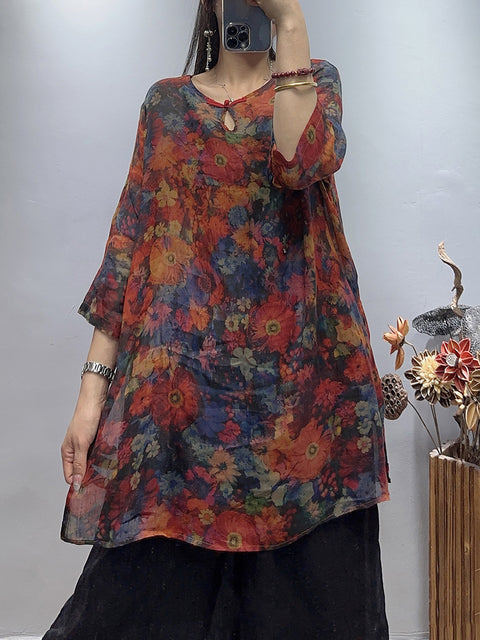 Camisa solta de rami para mulheres plus size vintage com flores e verão