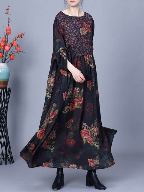 Women Vintage Floral Spliced Spring Loose Dress