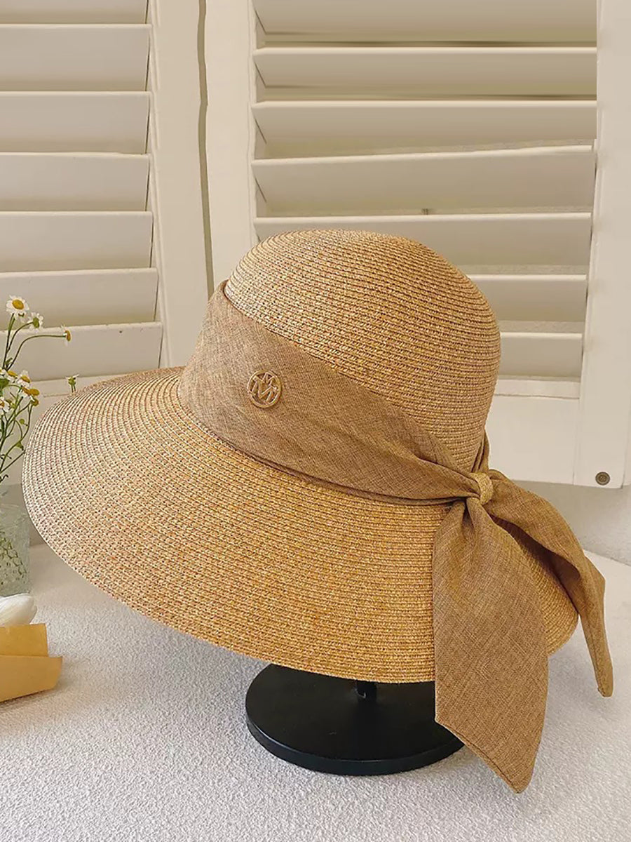 Chapéu de viagem feminino de palha com bloco de cores e proteção solar