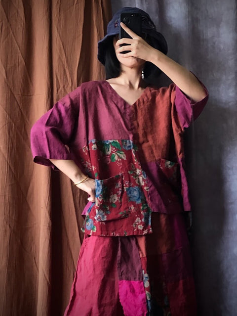 Women Summer Ethnic Irregular Spliced Linen Shirt