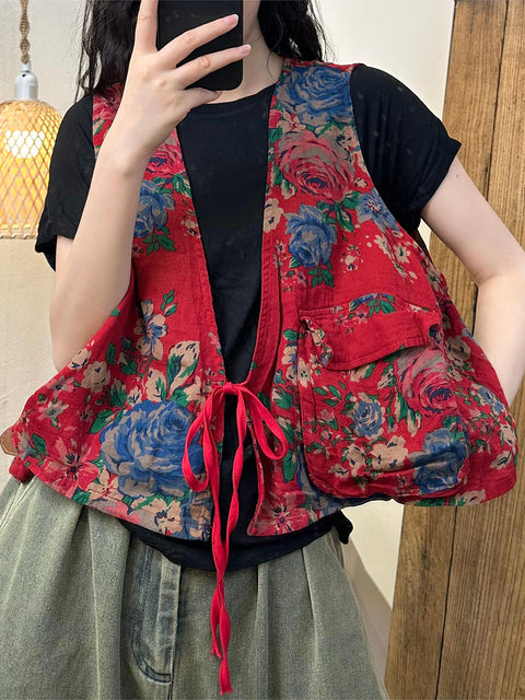 Colete de algodão com alça de bolso de flor vintage de verão feminino