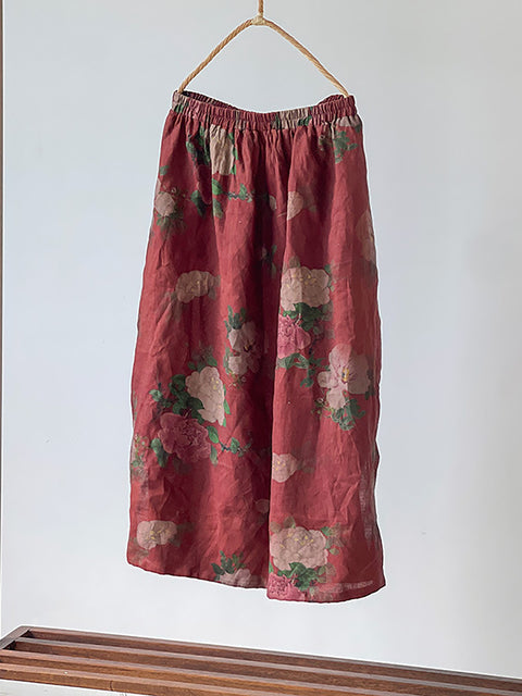 Women Summer Vintage Flower Loose Linen Skirt