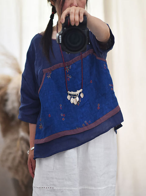 Camisa feminina de verão com gola redonda e estampa de flores étnicas