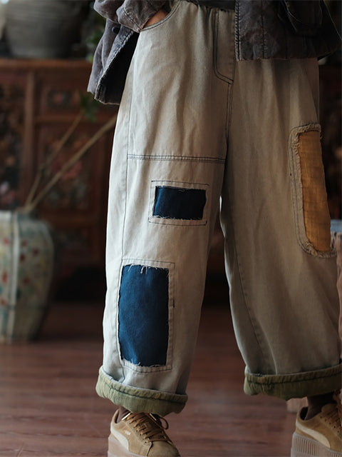 Calças de harém jeans emendadas com remendo vintage para mulheres