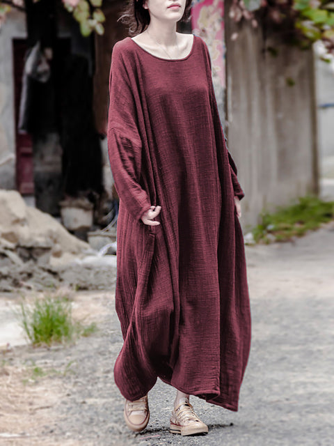 Women Casual Autumn Solid O-Neck Cotton Linen Dress