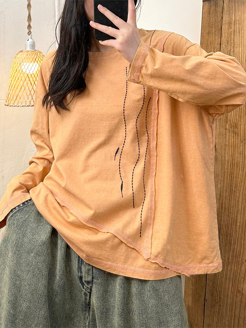 Women Autumn Casual Spliced O-Neck Cotton Loose Blouse