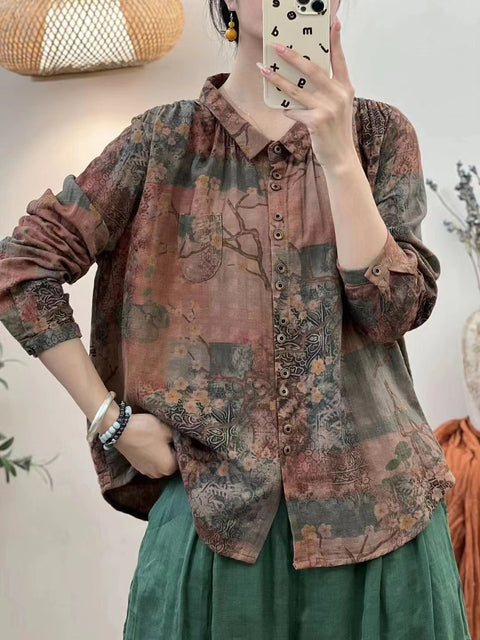 Blusa de algodão com botões e flores vintage de outono para mulheres