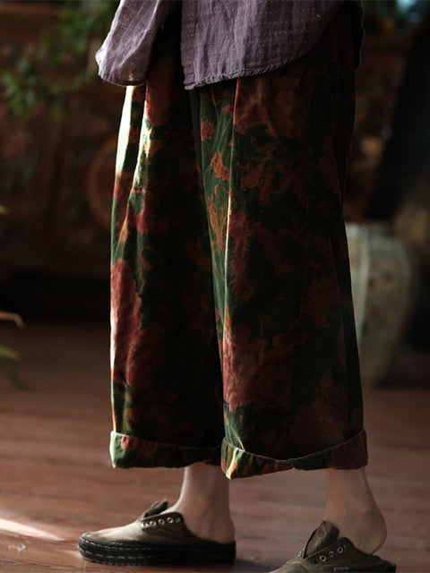 Women Vintage Autumn Flower Wide-leg 100%Cotton Pants