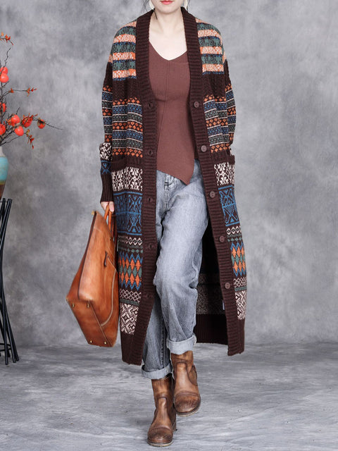 Women Vintage Autumn Stripe Button Wool Cardigan Coat