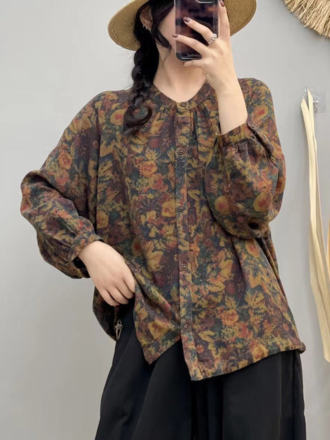 Blusa feminina de algodão com decote em O e flores vintage de outono