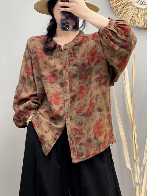 Blusa feminina de algodão com decote em O e flores vintage de outono