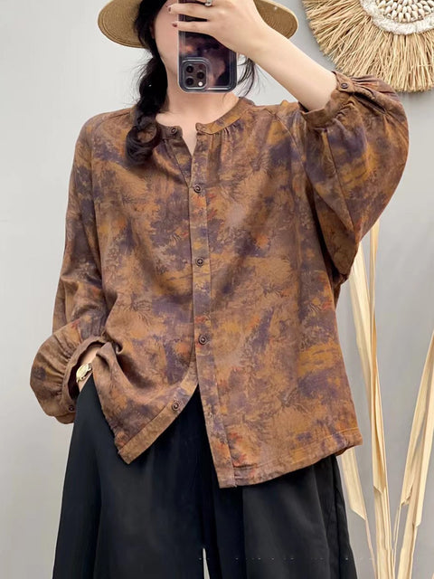 Blusa feminina de algodão com decote em O e flores vintage de outono