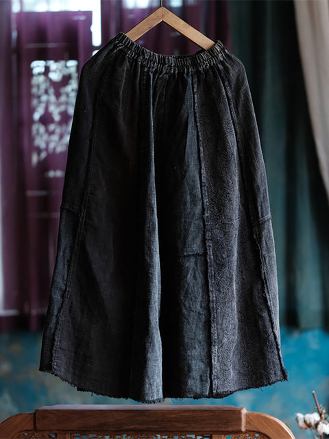 Women Vintage Linen Spliced Loose Raw-edge Skirt