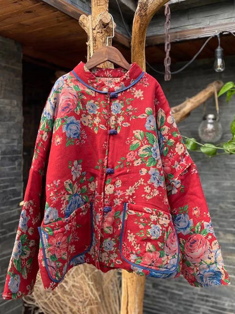 Casaco curto feminino com estampa floral vintage e decote em V